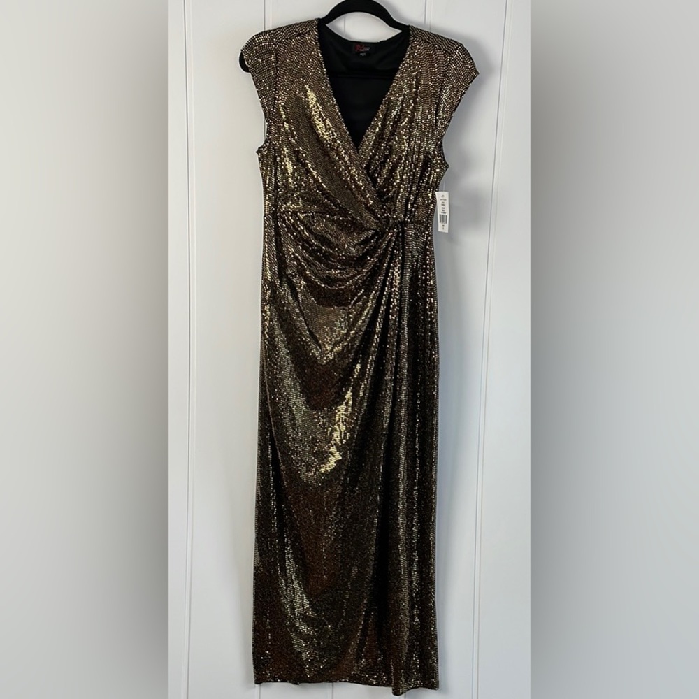 Formal Gold Black Sequin Gown Women's Size 6 Faux Wrap Cap Sleeves NWTS